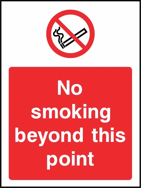No smoking beyond this point sign. red prohibition pictogram above a red wording panel. Artwork SMOK0052.