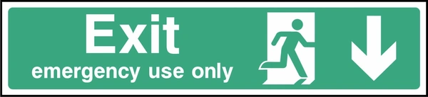 Green and white Exit — emergency use only sign showing downward arrow. Artwork EMER0030.
