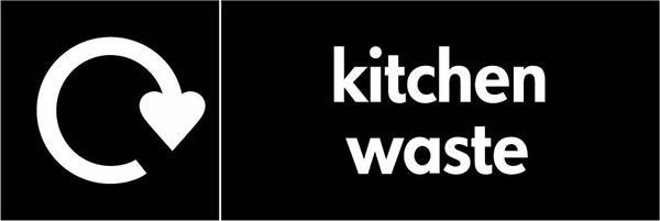 Kitchen waste recycling sign showing white recycling arrow and wording on a black letterbox panel. Artwork ORGA0004.