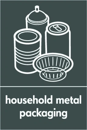 Household metal packaging recycling sign showing white material illustration and wording on a dark grey portrait panel. Artwork META0048.