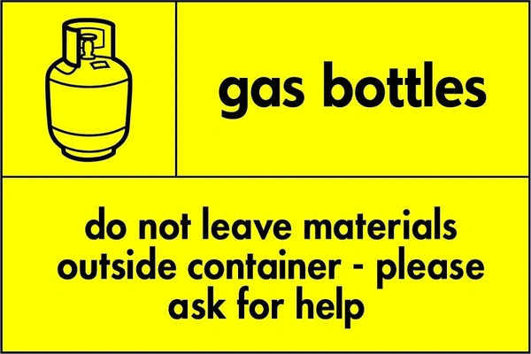 Gas bottles — Do not leave materials outside container — Please ask for help sign showing black pictogram and wording on a yellow panel. Artwork HAZA0016.