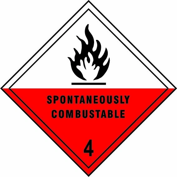 Spontaneously combustible — 4 sign showing diamond-shaped dangerous-substance symbol with supplied colours and markings. Artwork DANG0006.