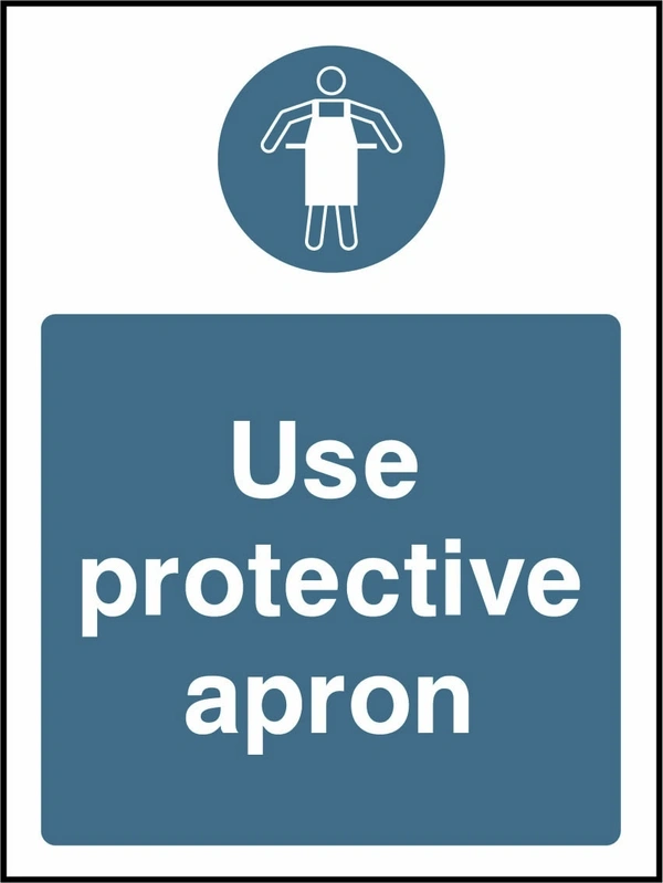 Use protective apron sign showing blue protective apron pictogram above wording. Artwork PPE0045.