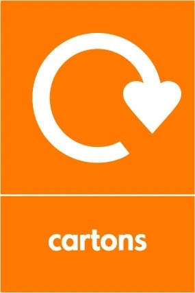 Cartons collection-point artwork with a white recycling arrow and wording on orange. OTHE0042.