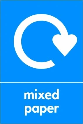 Mixed paper recycling sign showing white recycling arrow and wording on a blue portrait panel. Artwork PAPE0027.
