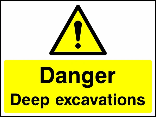 A black exclamation mark inside a yellow warning triangle above black wording on a yellow panel with Danger — Deep excavations wording. CONS0116 artwork.