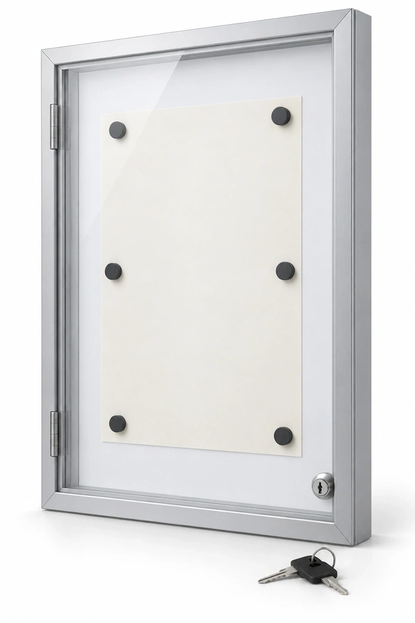 Illustrative mockup of a silver lockable magnetic notice case with a clear front, magnetic pins and keys.