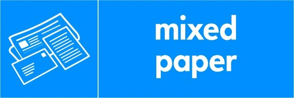 Mixed paper recycling sign showing white material illustration and wording on a blue letterbox panel. Artwork PAPE0012.